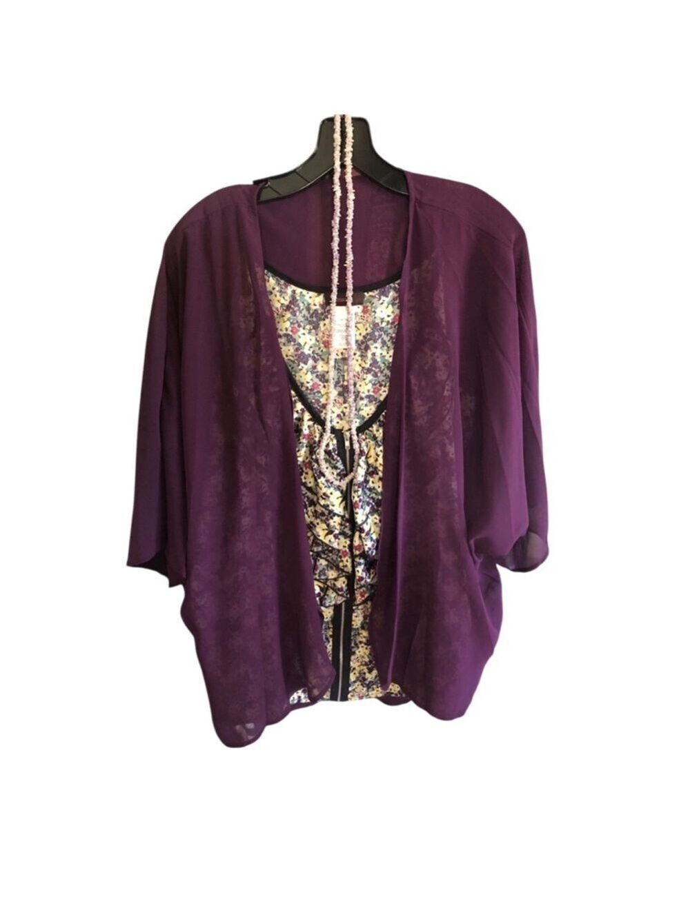 Mark. Floral Full-zip Tank Top & Sheer Cardigan Set Purple with a Ston Necklace
